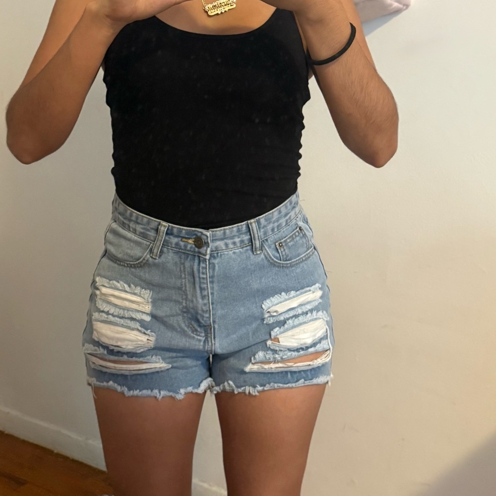high waisted distressed denim shorts